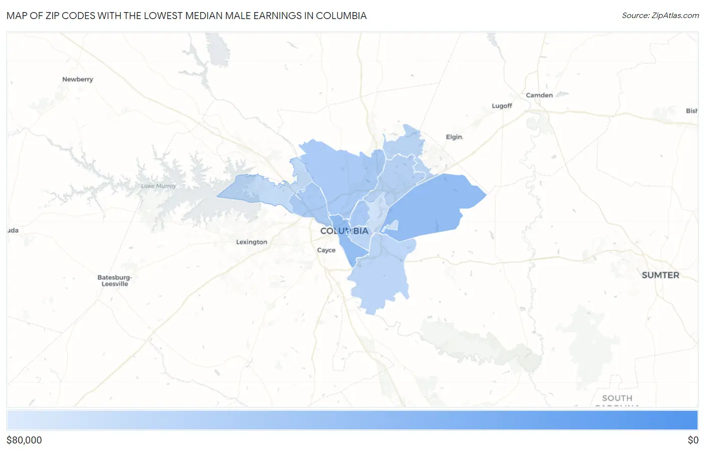 Zip Codes with the Lowest Median Male Earnings in Columbia Map