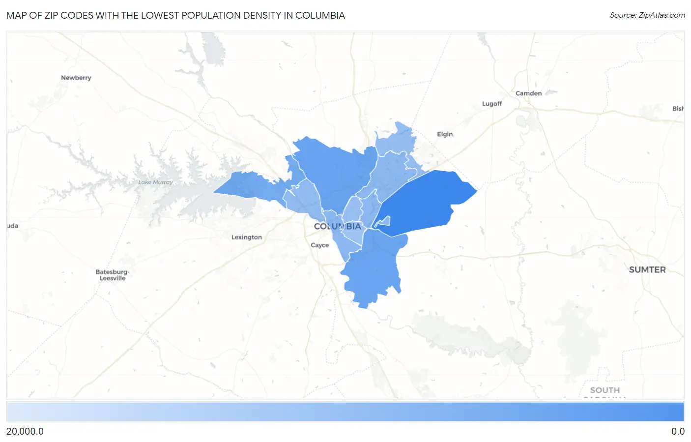 Zip Codes with the Lowest Population Density in Columbia Map