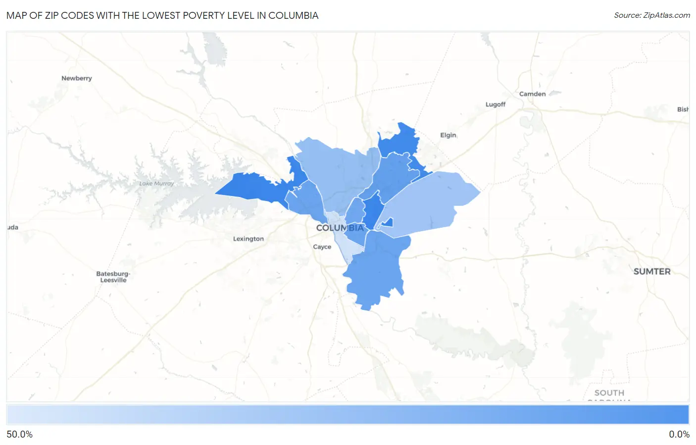 Zip Codes with the Lowest Poverty Level in Columbia Map