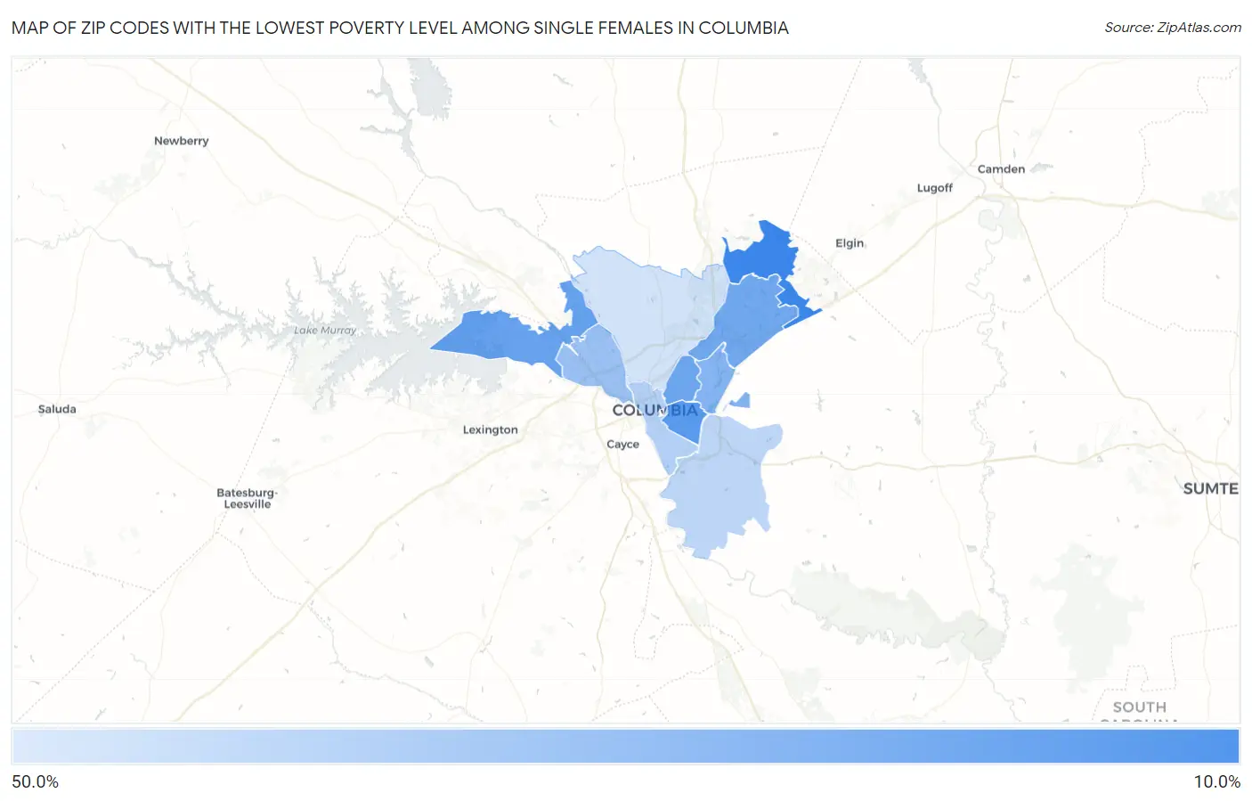 Zip Codes with the Lowest Poverty Level Among Single Females in Columbia Map