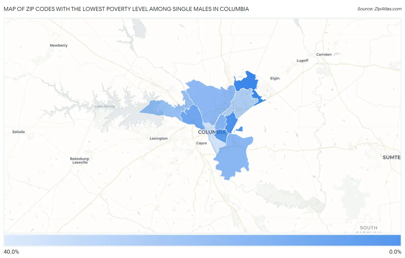 Zip Codes with the Lowest Poverty Level Among Single Males in Columbia Map