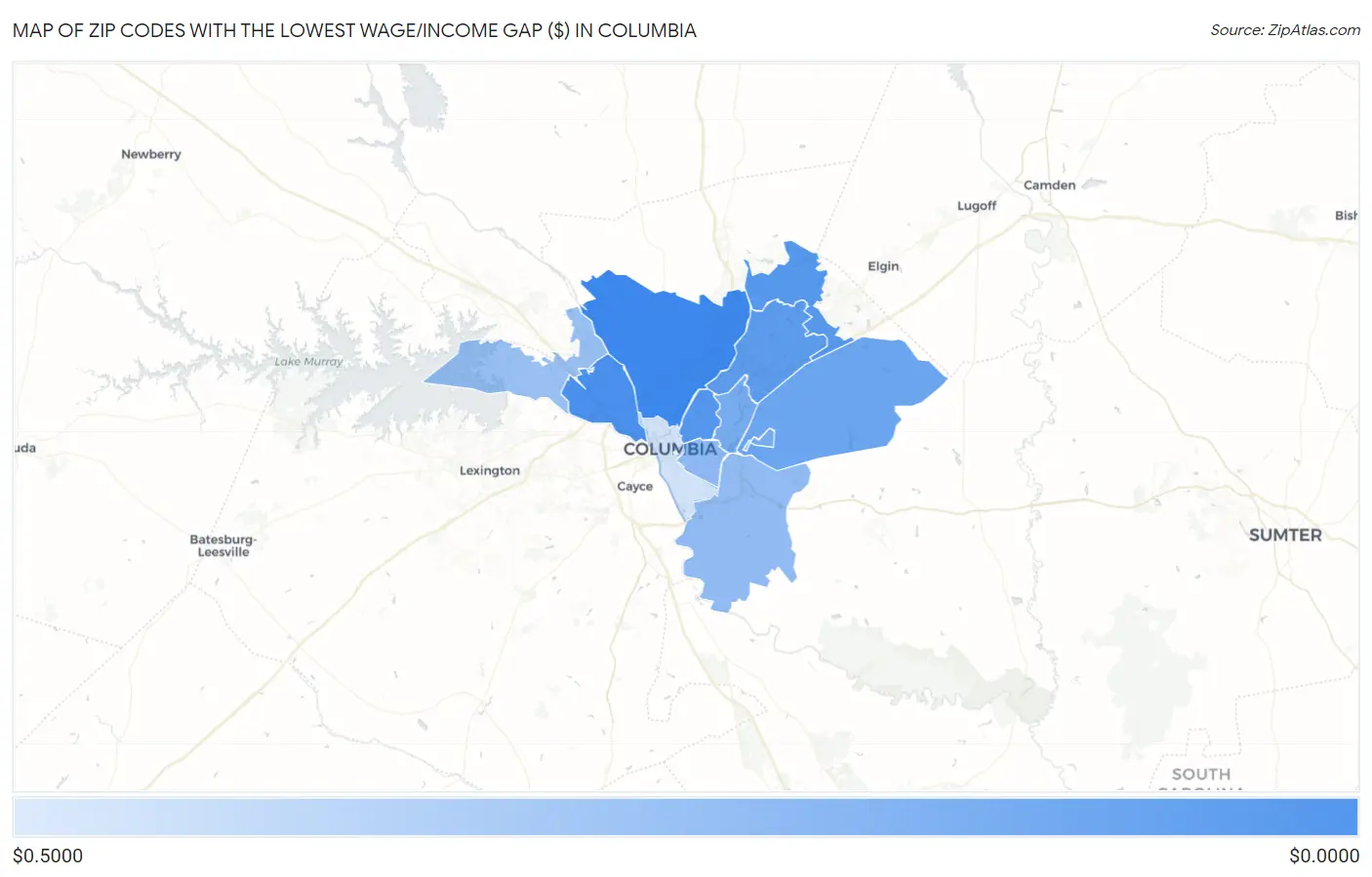 Zip Codes with the Lowest Wage/Income Gap ($) in Columbia Map