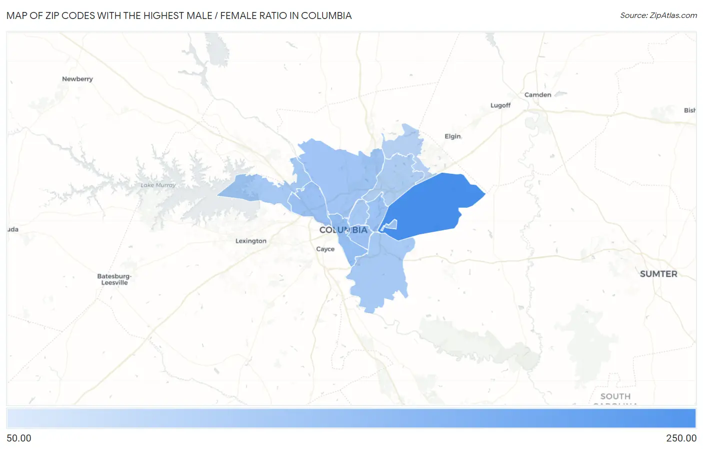 Zip Codes with the Highest Male / Female Ratio in Columbia Map