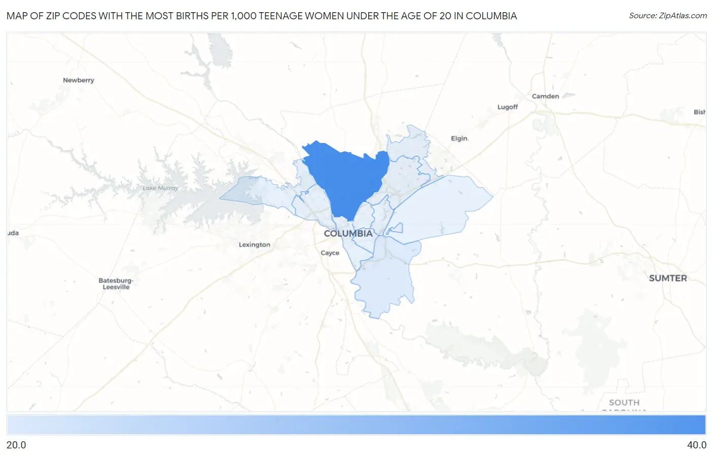 Zip Codes with the Most Births per 1,000 Teenage Women Under the Age of 20 in Columbia Map