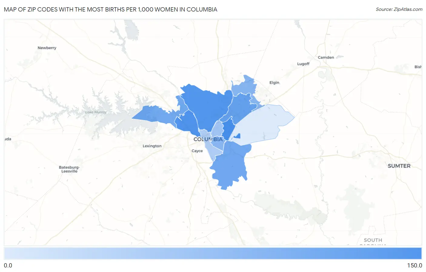 Zip Codes with the Most Births per 1,000 Women in Columbia Map