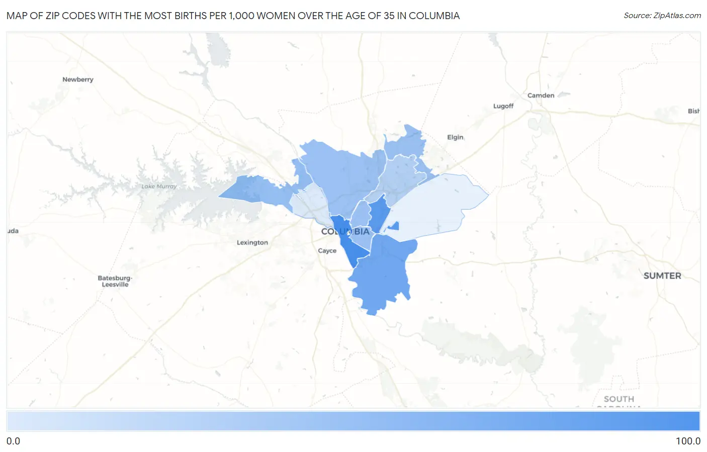 Zip Codes with the Most Births per 1,000 Women Over the Age of 35 in Columbia Map