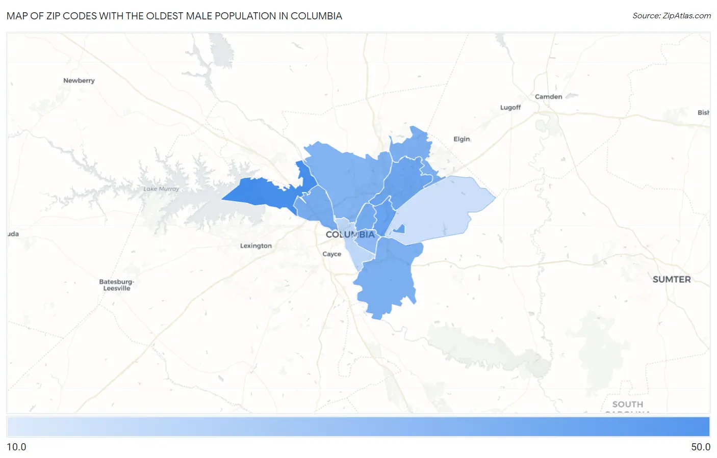 Zip Codes with the Oldest Male Population in Columbia Map