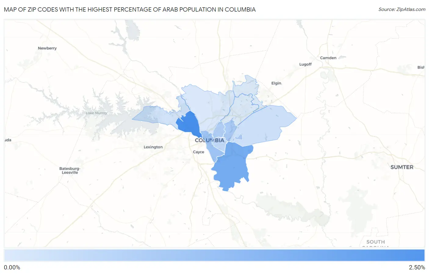 Zip Codes with the Highest Percentage of Arab Population in Columbia Map