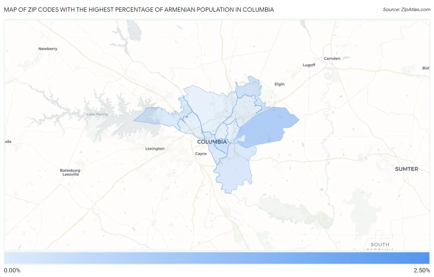 Zip Codes with the Highest Percentage of Armenian Population in Columbia Map