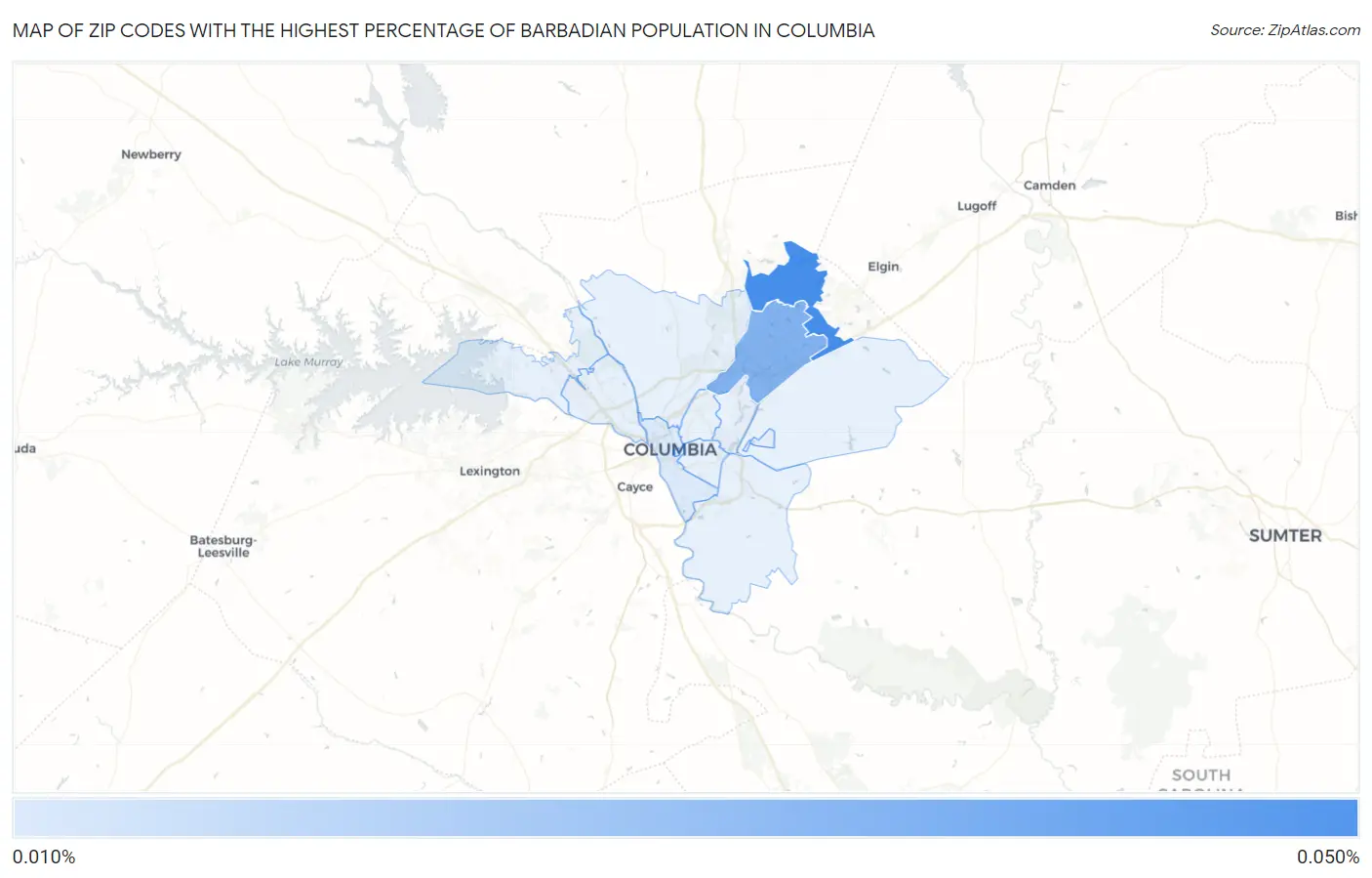 Zip Codes with the Highest Percentage of Barbadian Population in Columbia Map