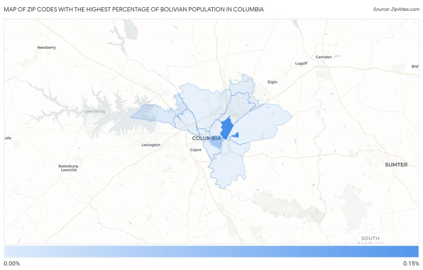 Zip Codes with the Highest Percentage of Bolivian Population in Columbia Map