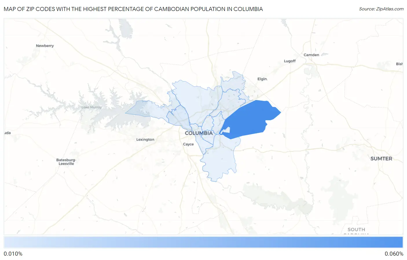 Zip Codes with the Highest Percentage of Cambodian Population in Columbia Map