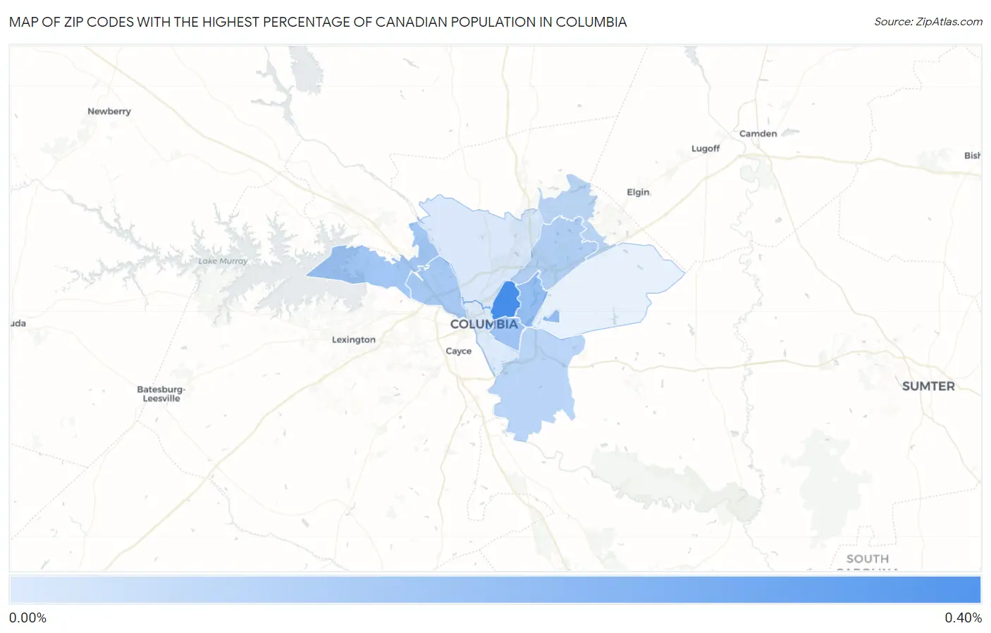 Zip Codes with the Highest Percentage of Canadian Population in Columbia Map