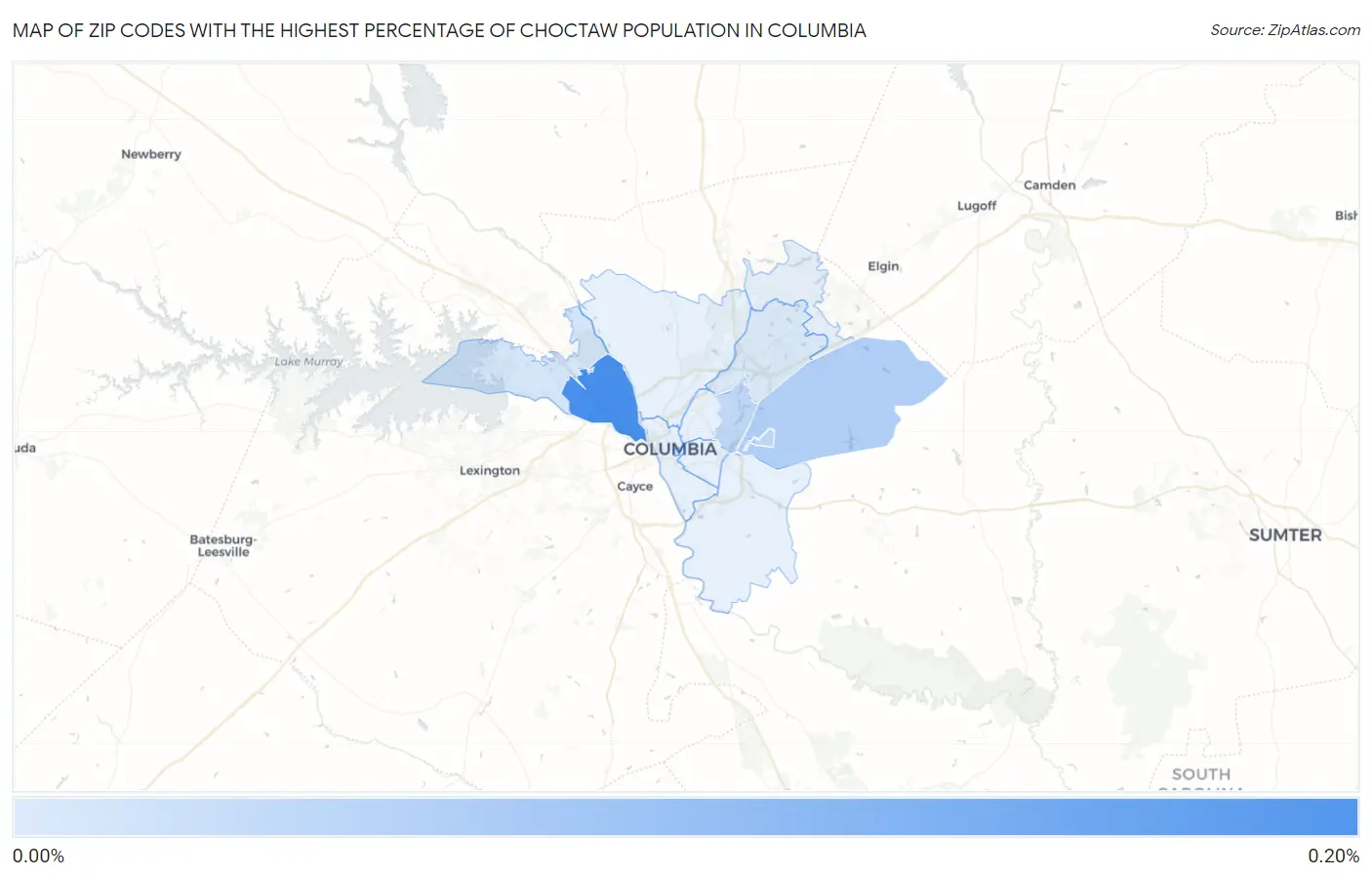 Zip Codes with the Highest Percentage of Choctaw Population in Columbia Map