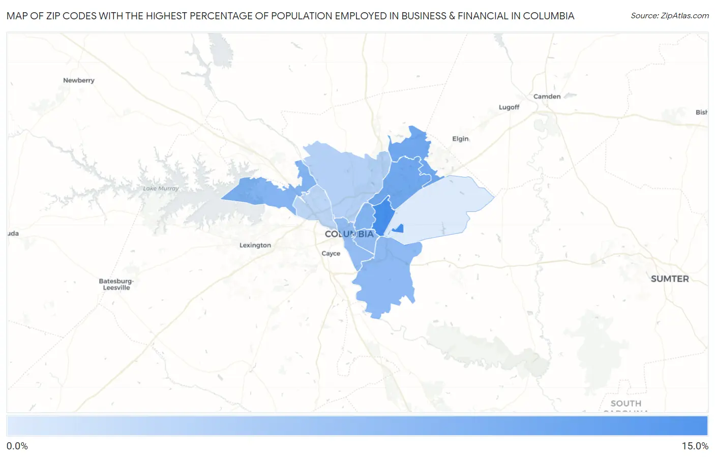 Zip Codes with the Highest Percentage of Population Employed in Business & Financial in Columbia Map
