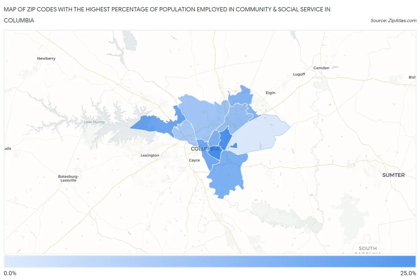 Zip Codes with the Highest Percentage of Population Employed in Community & Social Service  in Columbia Map