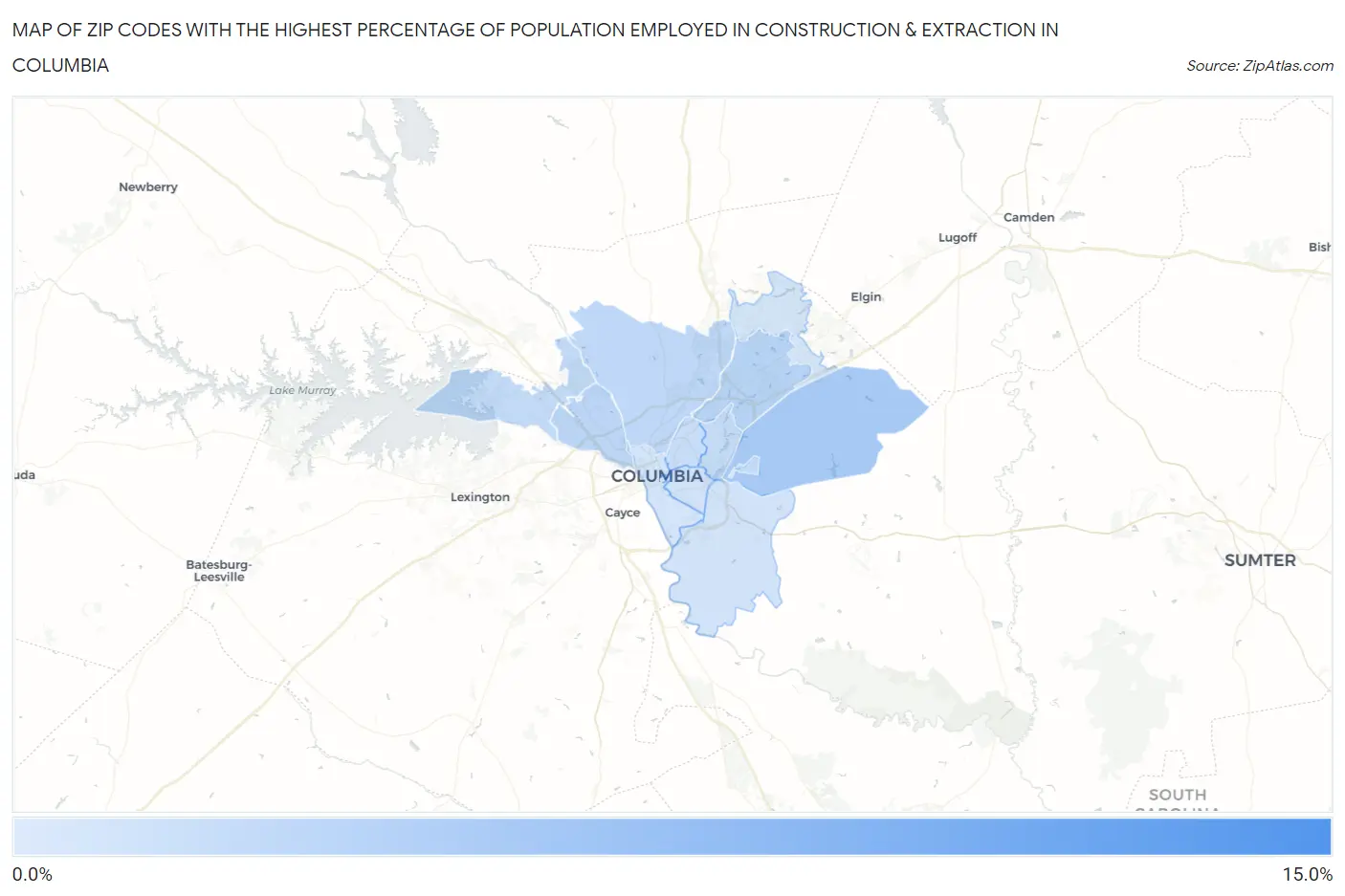 Zip Codes with the Highest Percentage of Population Employed in Construction & Extraction in Columbia Map