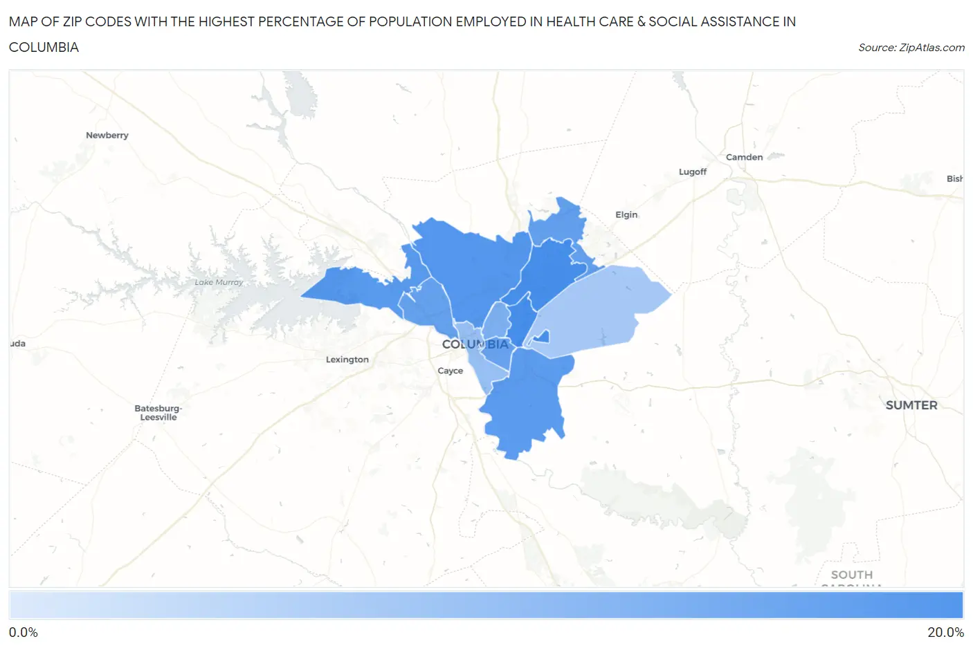 Zip Codes with the Highest Percentage of Population Employed in Health Care & Social Assistance in Columbia Map