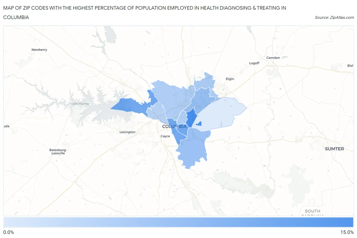 Zip Codes with the Highest Percentage of Population Employed in Health Diagnosing & Treating in Columbia Map
