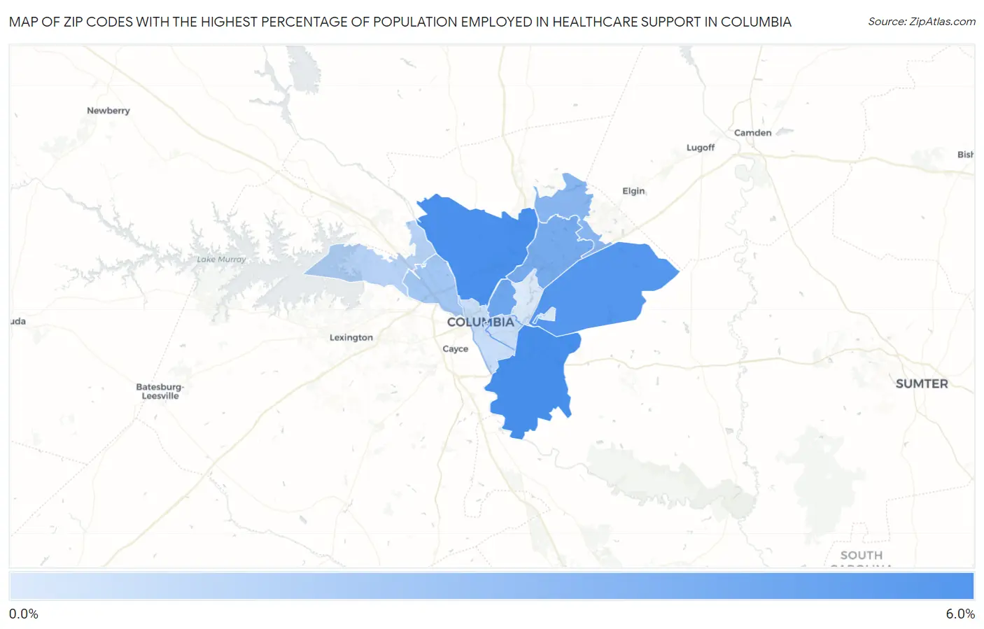 Zip Codes with the Highest Percentage of Population Employed in Healthcare Support in Columbia Map