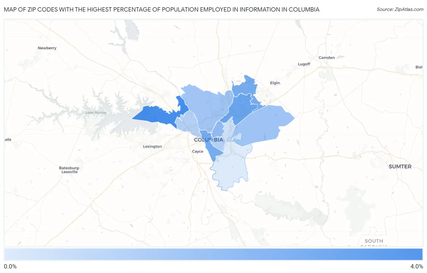 Zip Codes with the Highest Percentage of Population Employed in Information in Columbia Map