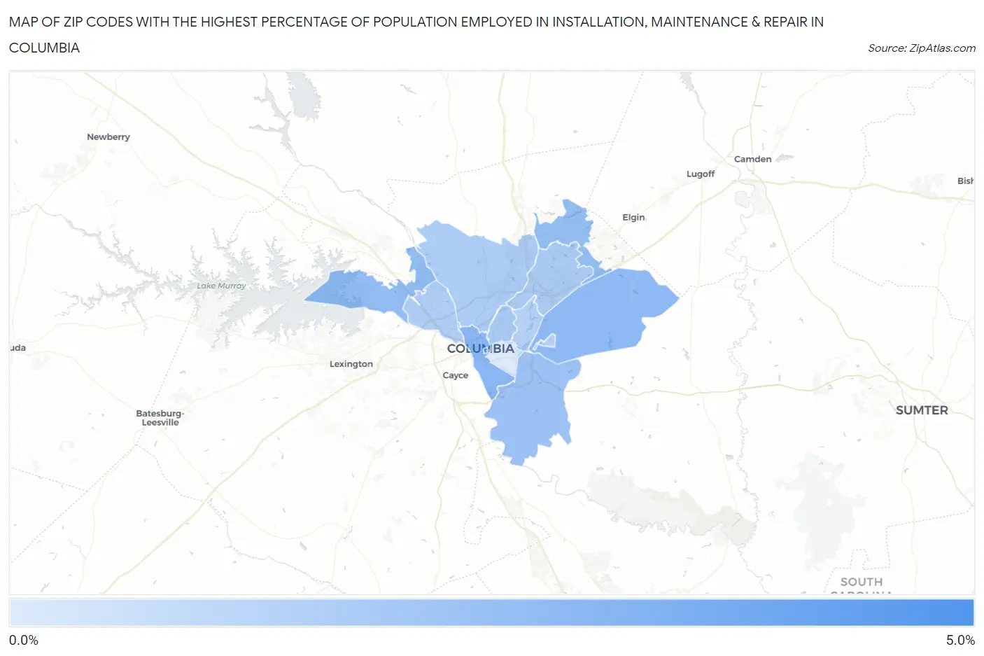 Zip Codes with the Highest Percentage of Population Employed in Installation, Maintenance & Repair in Columbia Map