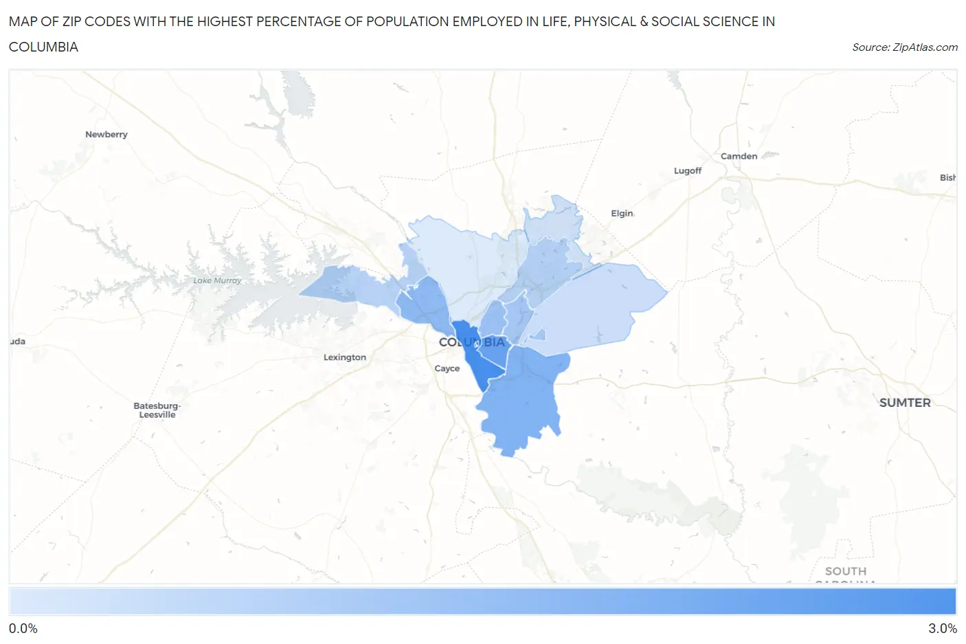 Zip Codes with the Highest Percentage of Population Employed in Life, Physical & Social Science in Columbia Map