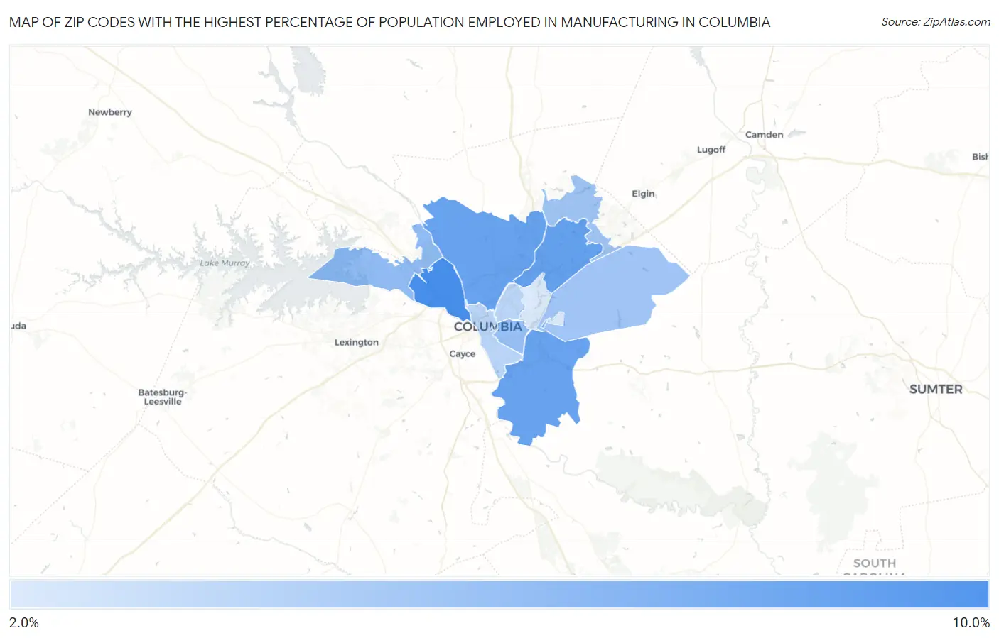 Zip Codes with the Highest Percentage of Population Employed in Manufacturing in Columbia Map