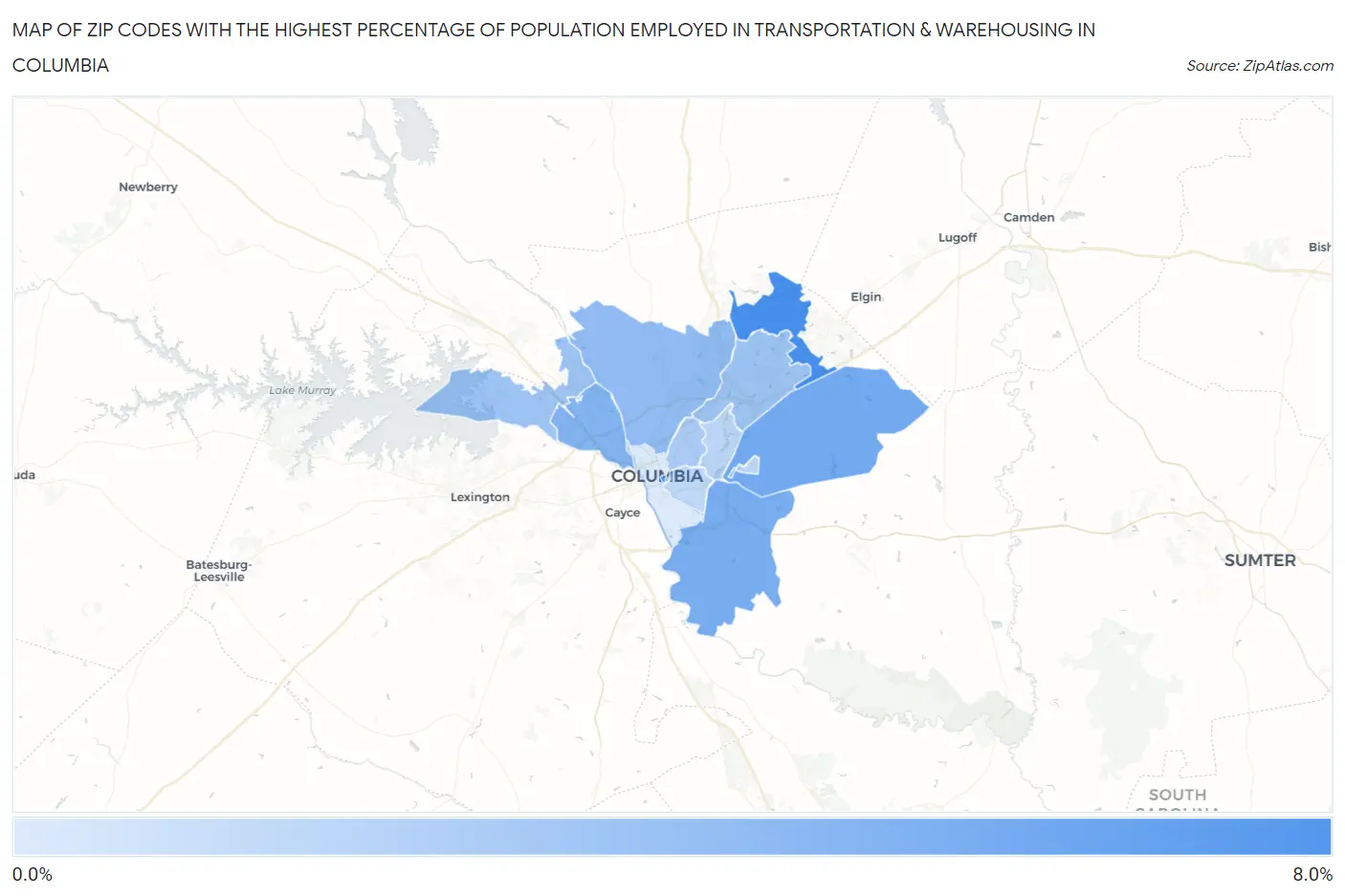 Zip Codes with the Highest Percentage of Population Employed in Transportation & Warehousing in Columbia Map