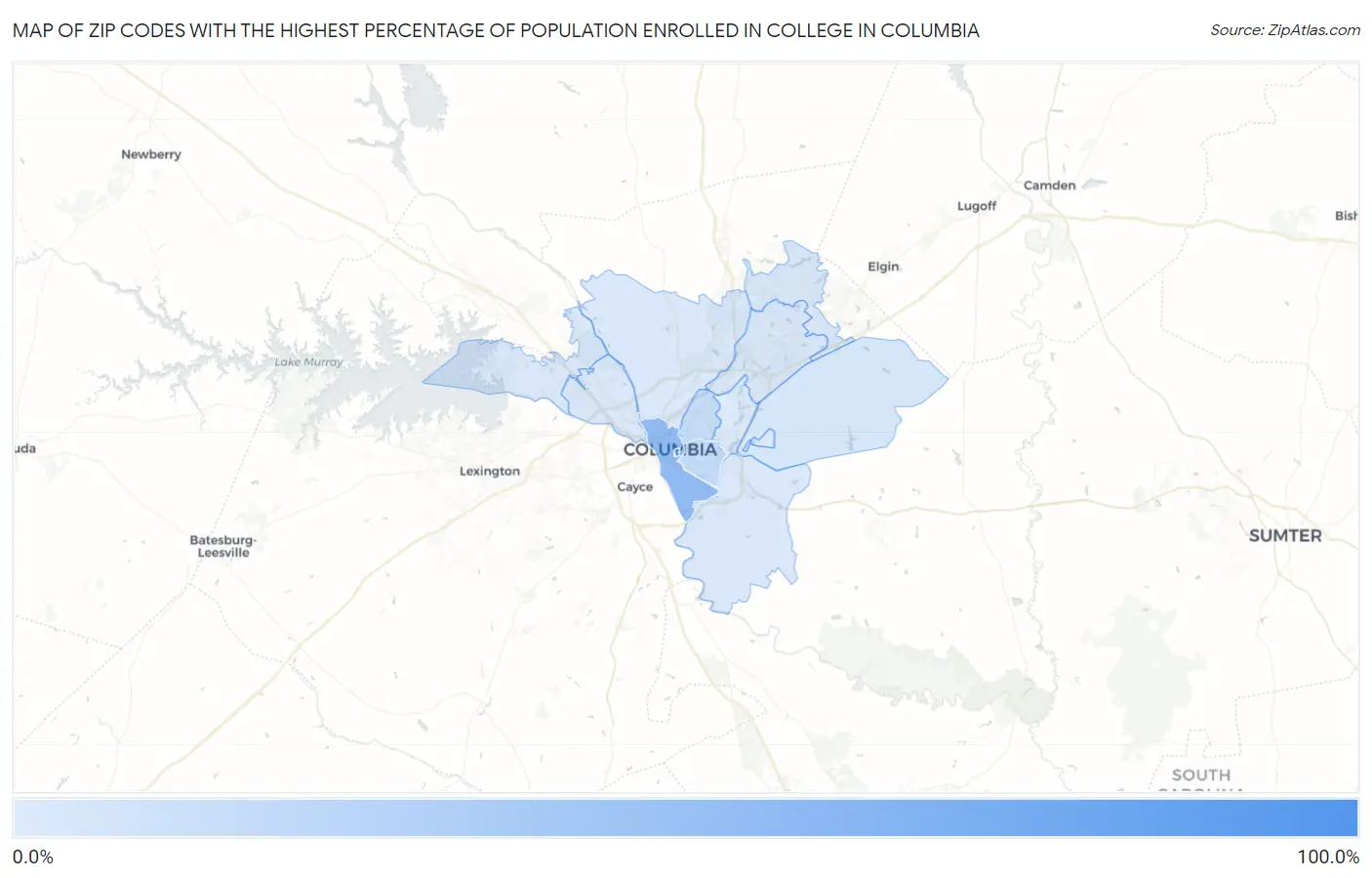 Zip Codes with the Highest Percentage of Population Enrolled in College in Columbia Map