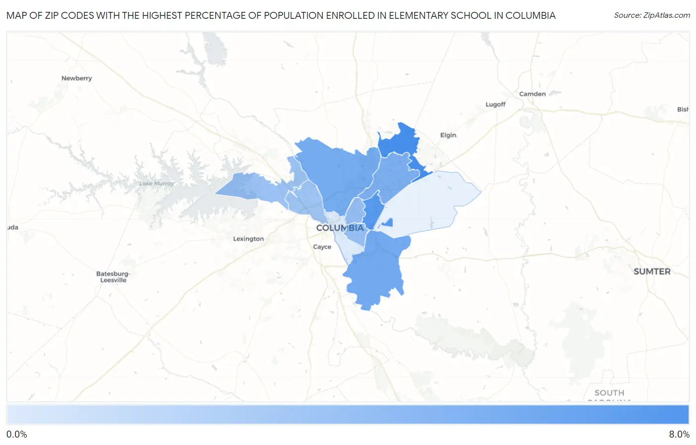 Zip Codes with the Highest Percentage of Population Enrolled in Elementary School in Columbia Map