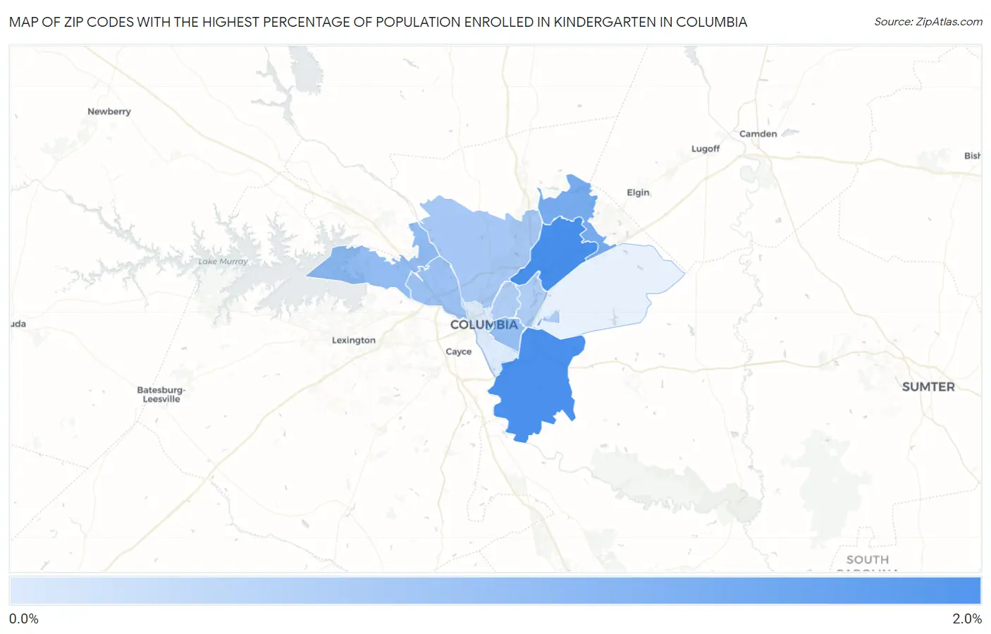 Zip Codes with the Highest Percentage of Population Enrolled in Kindergarten in Columbia Map