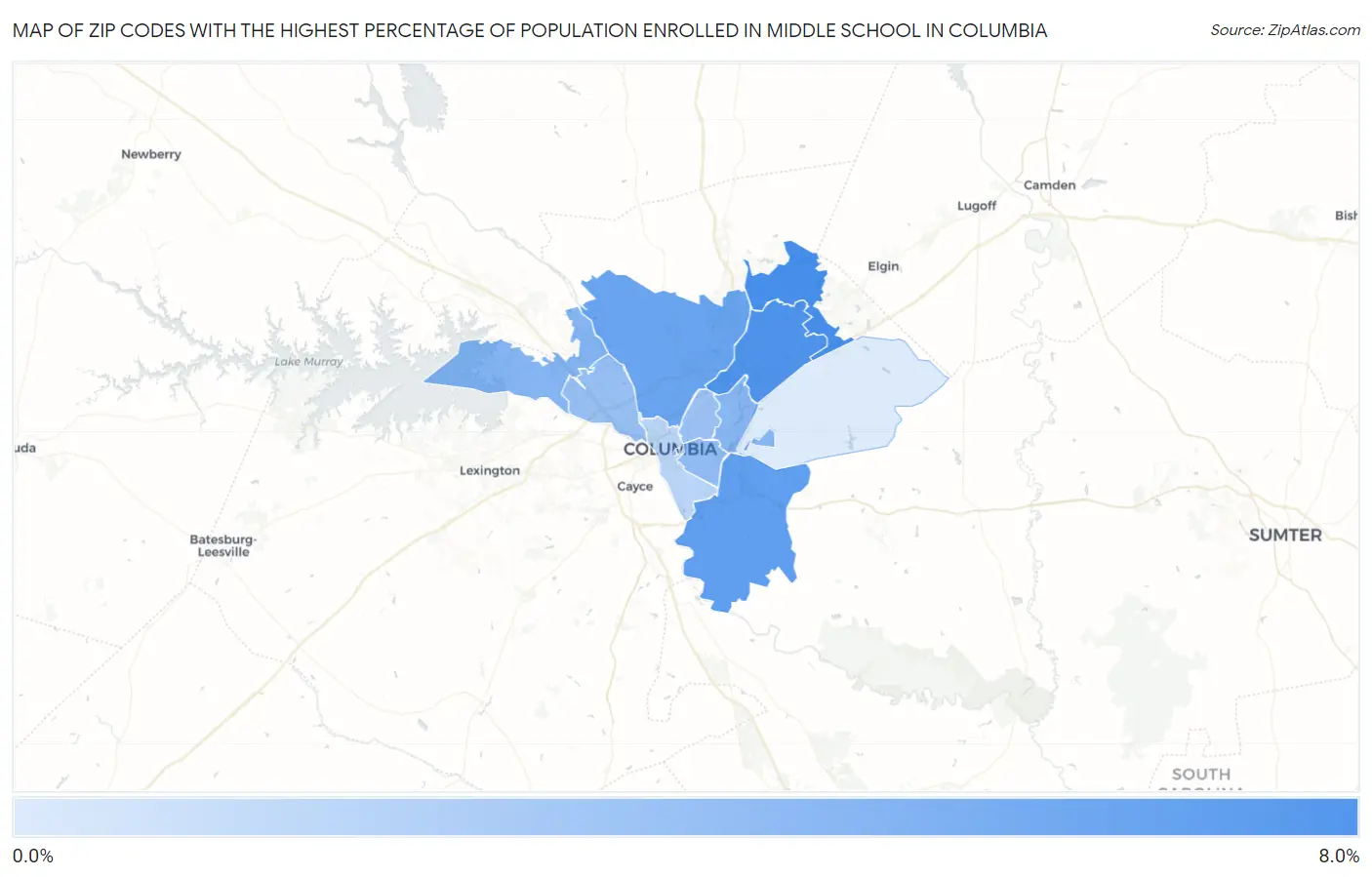 Zip Codes with the Highest Percentage of Population Enrolled in Middle School in Columbia Map