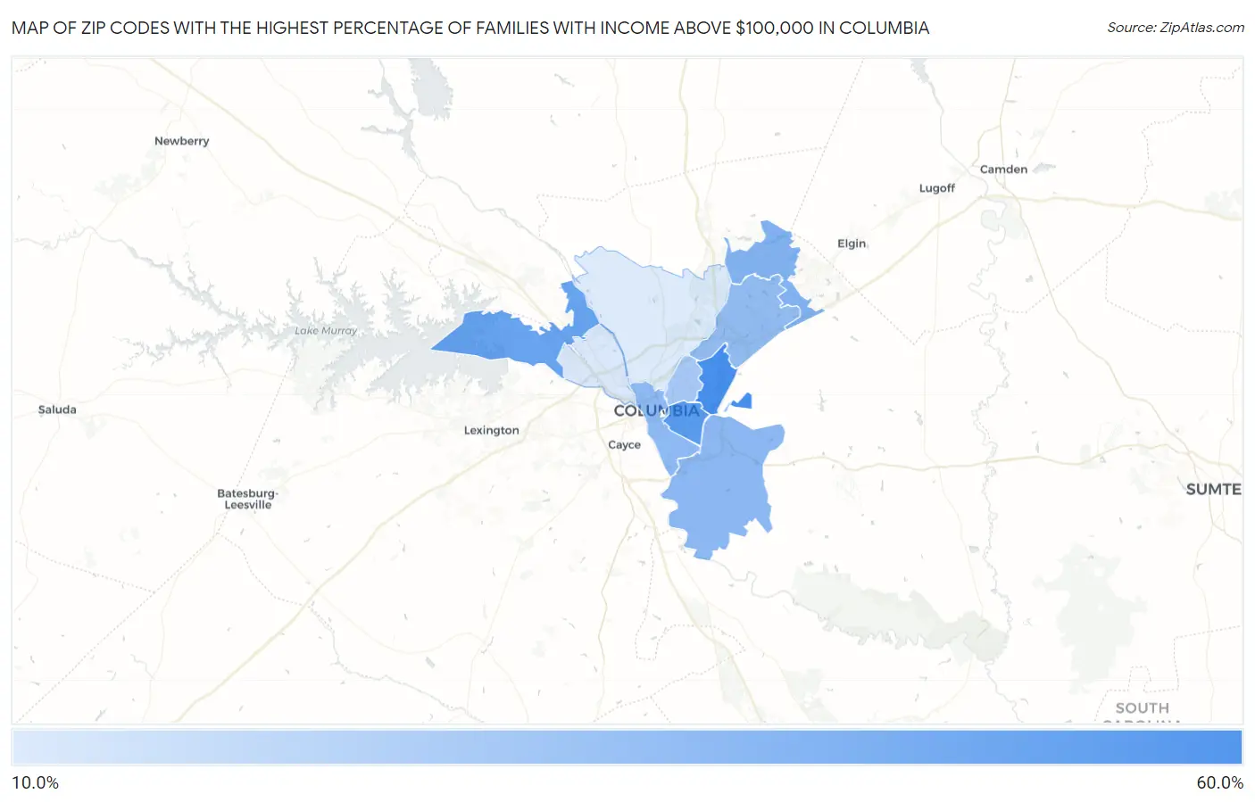 Zip Codes with the Highest Percentage of Families with Income Above $100,000 in Columbia Map