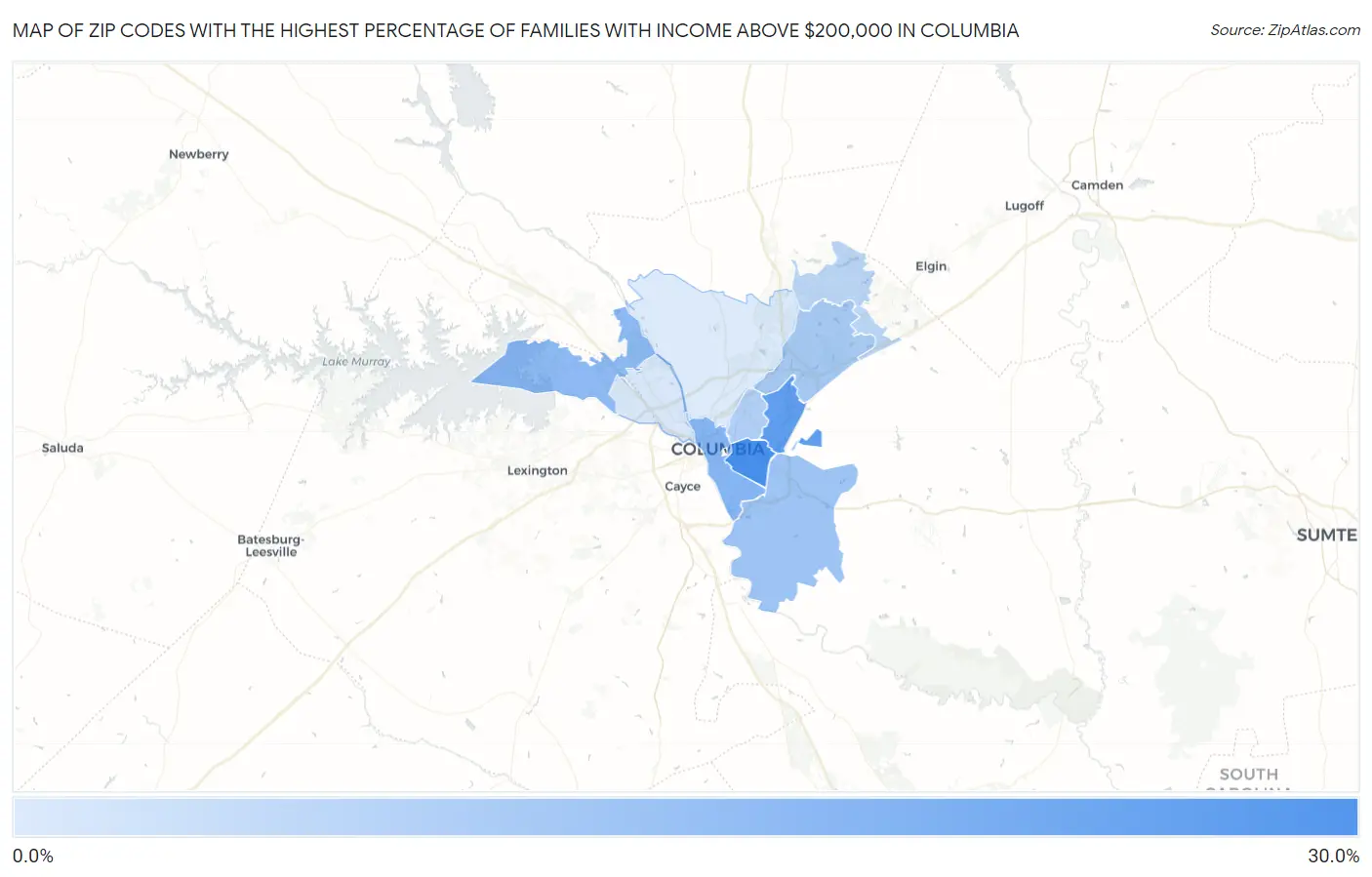 Zip Codes with the Highest Percentage of Families with Income Above $200,000 in Columbia Map