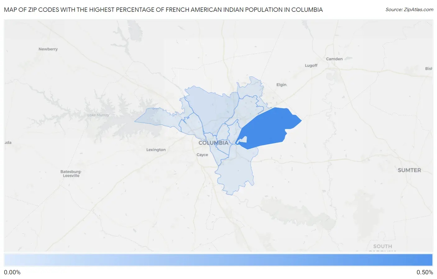 Zip Codes with the Highest Percentage of French American Indian Population in Columbia Map