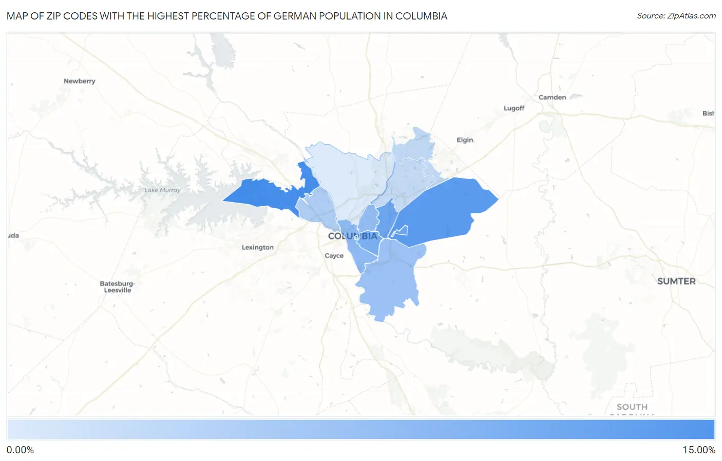 Zip Codes with the Highest Percentage of German Population in Columbia Map