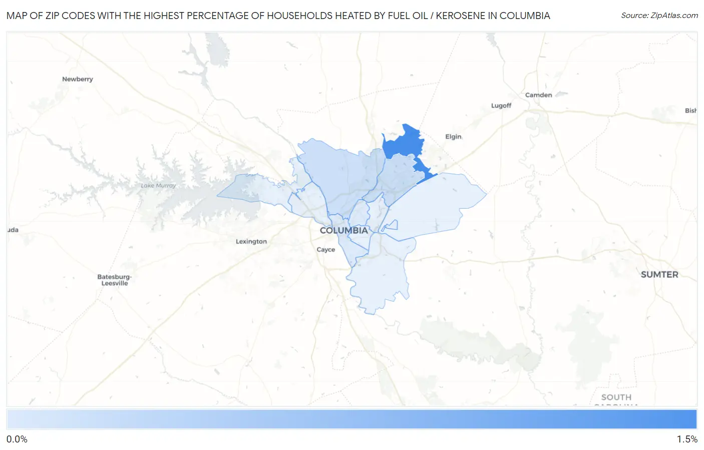 Zip Codes with the Highest Percentage of Households Heated by Fuel Oil / Kerosene in Columbia Map