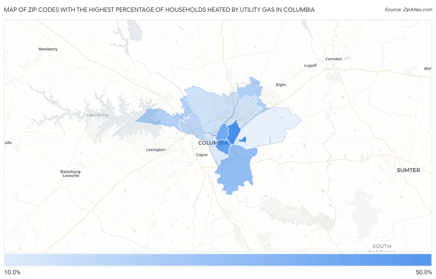 Zip Codes with the Highest Percentage of Households Heated by Utility Gas in Columbia Map