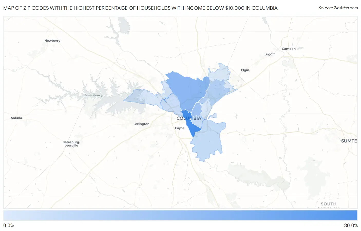Zip Codes with the Highest Percentage of Households with Income Below $10,000 in Columbia Map
