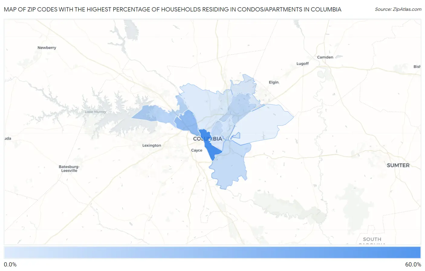 Zip Codes with the Highest Percentage of Households Residing in Condos/Apartments in Columbia Map