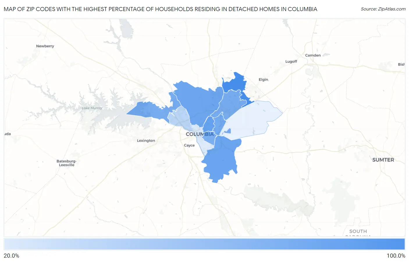 Zip Codes with the Highest Percentage of Households Residing in Detached Homes in Columbia Map