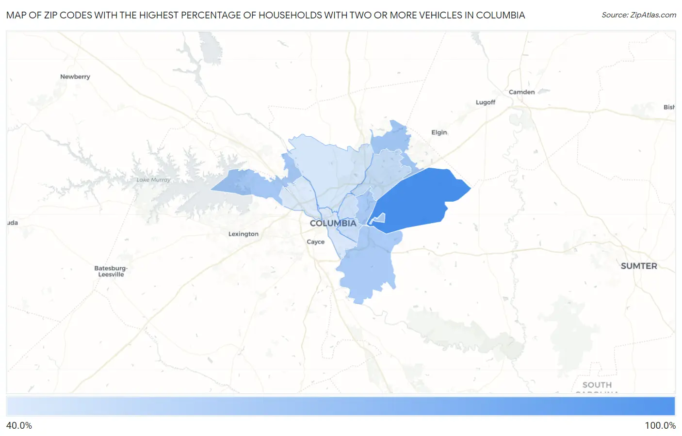 Zip Codes with the Highest Percentage of Households With Two or more Vehicles in Columbia Map