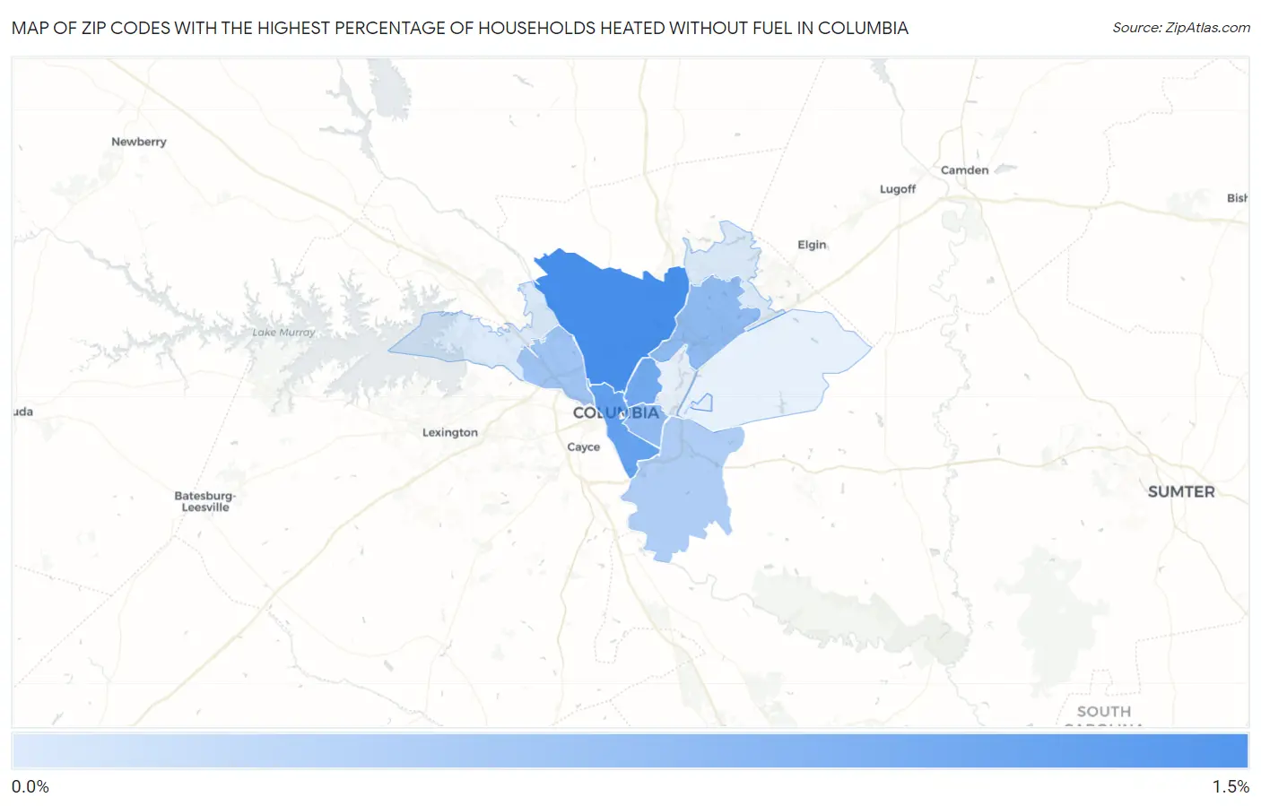 Zip Codes with the Highest Percentage of Households Heated without Fuel in Columbia Map