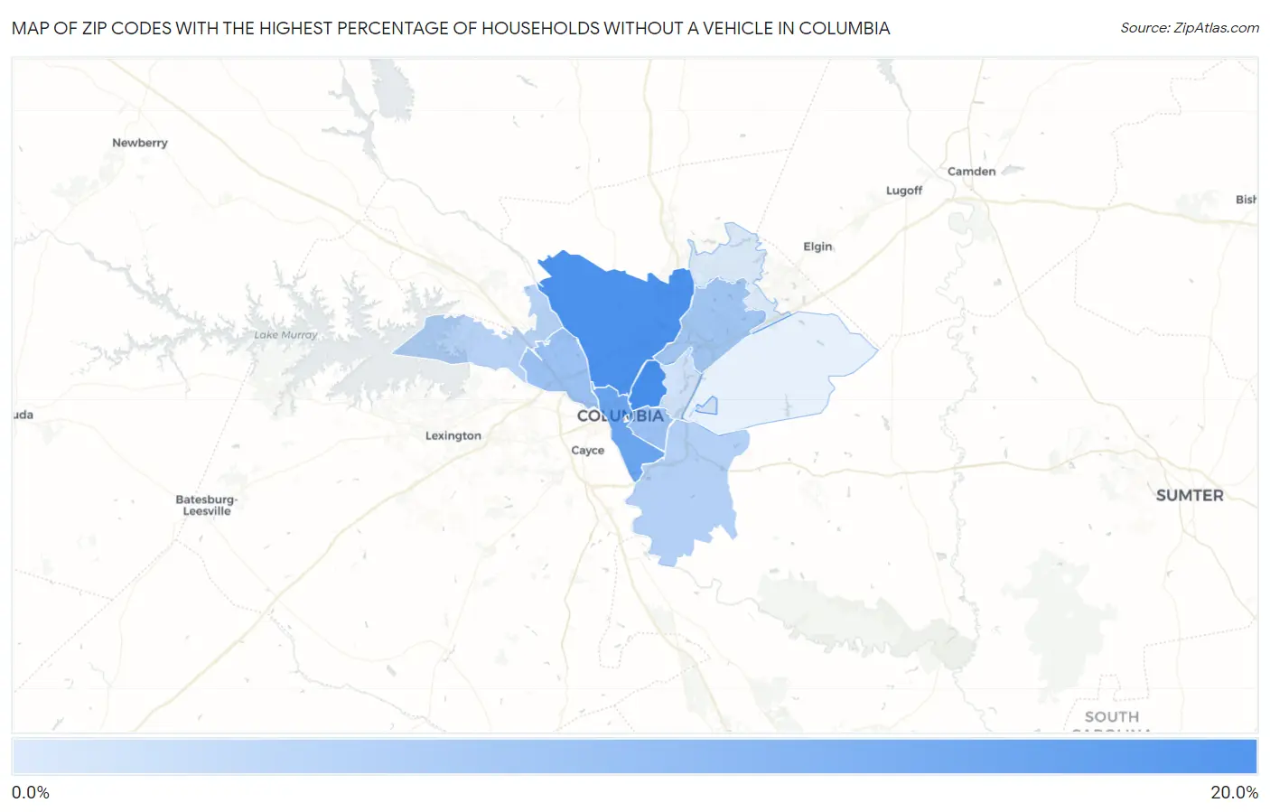 Zip Codes with the Highest Percentage of Households Without a Vehicle in Columbia Map