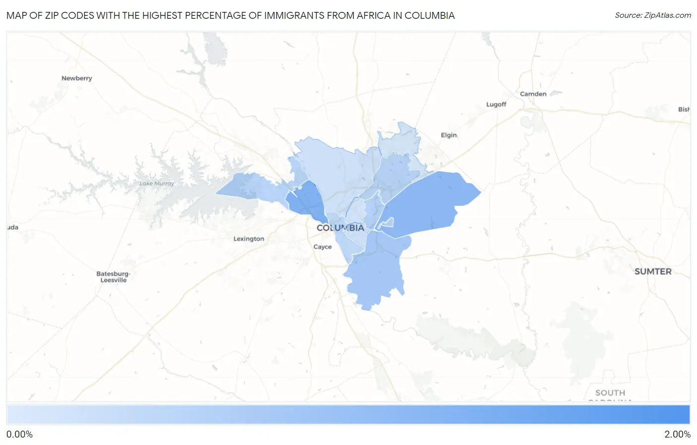 Zip Codes with the Highest Percentage of Immigrants from Africa in Columbia Map