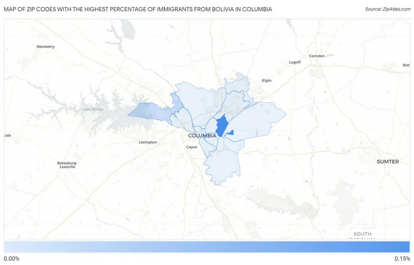Zip Codes with the Highest Percentage of Immigrants from Bolivia in Columbia Map