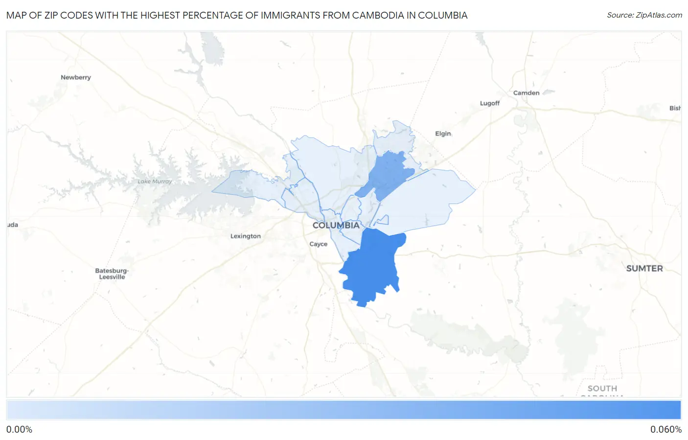 Zip Codes with the Highest Percentage of Immigrants from Cambodia in Columbia Map