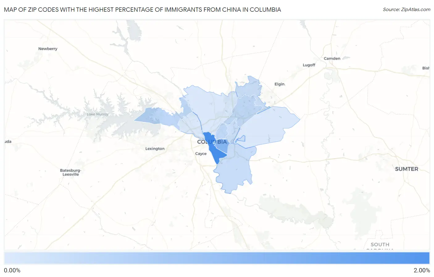 Zip Codes with the Highest Percentage of Immigrants from China in Columbia Map