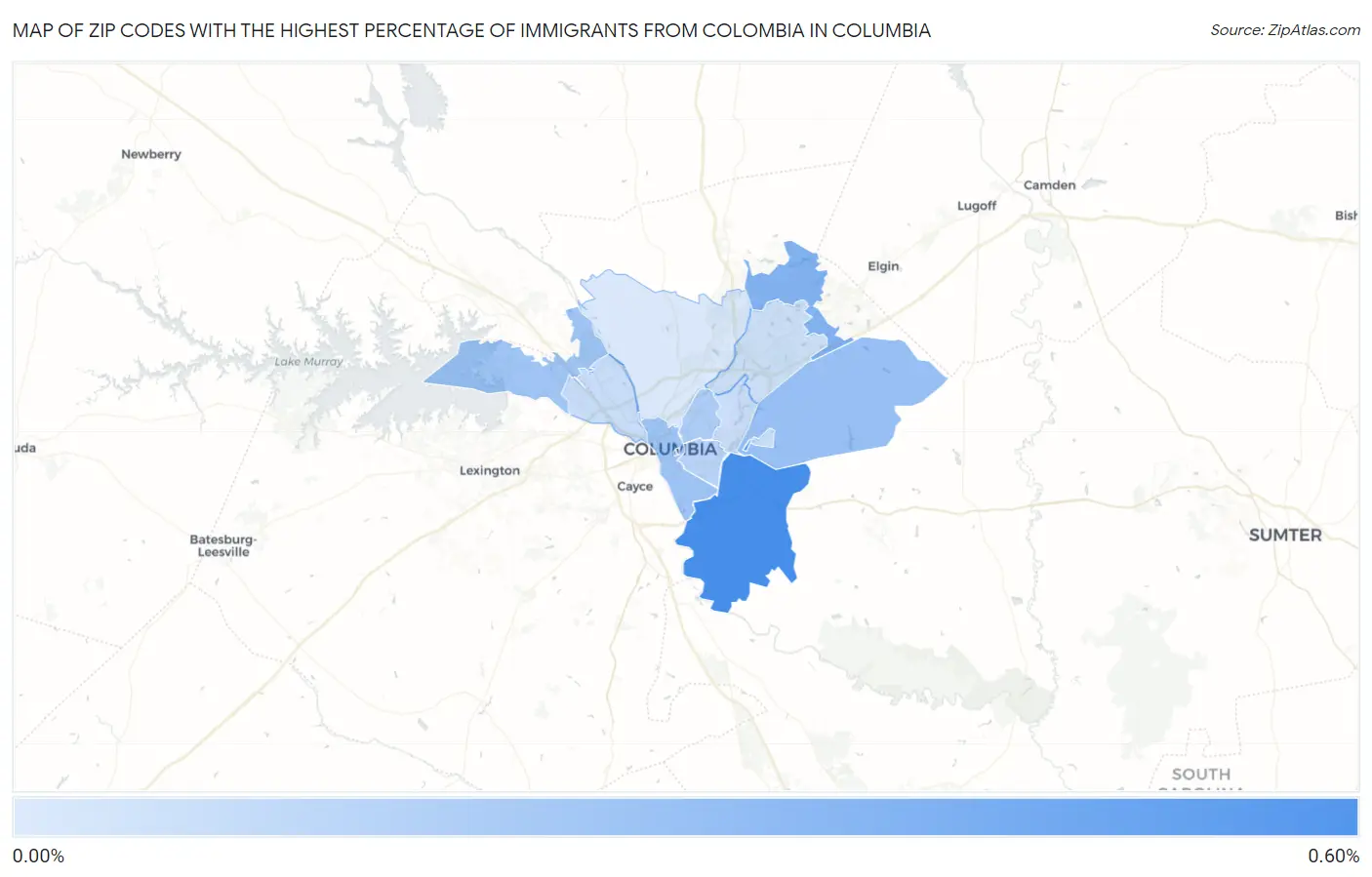 Zip Codes with the Highest Percentage of Immigrants from Colombia in Columbia Map